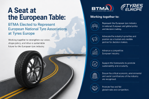 BTMA elected to represent national tyre associations at Tyres Europe, with BTMA and Tyres Europe logos.