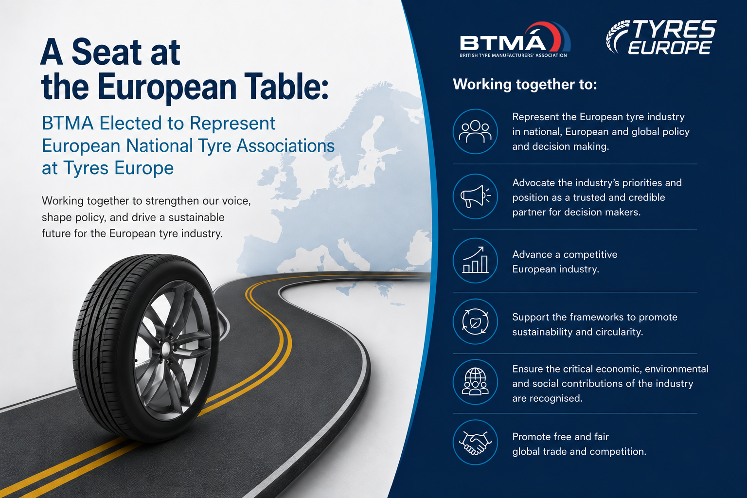 BTMA elected to represent national tyre associations at Tyres Europe, with BTMA and Tyres Europe logos.
